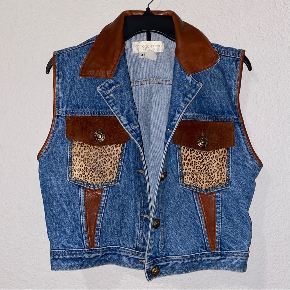 Vintage St. Maarten Dallas denim and leather vest with leopard print
